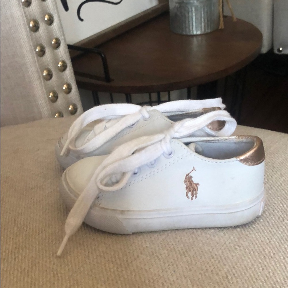 4/$30 Ralph Lauren White/RoseGold Leather Sneaker